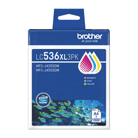 Brother LC-536XL3PK Genuine Cyan, Magenta and Yellow High Yield Ink Cartridge Value Pack - 3 Pack - 1,500 Pages Each