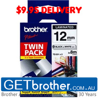 Brother 12mm Black Text On White Tape Genuine Twin Pack - 8 metres each (TZE-231V2TWINPACK)