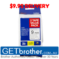 Brother 9mm Black Text On White Tape Genuine Twin - 8 meters each (TZe-221V2TWINPACK)