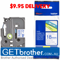 Brother 18mm Blue Text On White Tape Genuine - 8 metres (TZe-243)