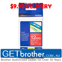 Brother 12mm White Text On Red Tape Genuine - 8 metres (TZe-435)