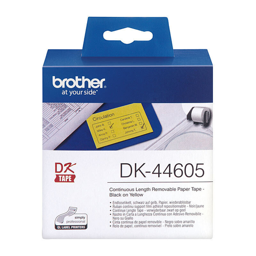 Brother DK-44605 Removable Continuous Paper Label Roll, Black on Yellow, 62mm x 30.48m
