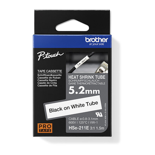 Brother HSe-211E P-touch Heat Shrink Tube, Black on White, 5.2mm x 1.5m