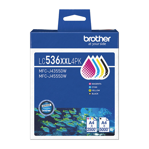 Brother LC-536XXL4PK Genuine Black and Colour Super High Yield Ink Cartridge 4 Pack - 5,000 Black / 2,500 Colour Pages Each