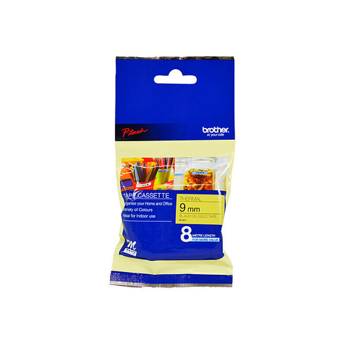 Brother M-821 P-touch Non-Laminated Label Tape, Black on Gold, 9mm x 8m