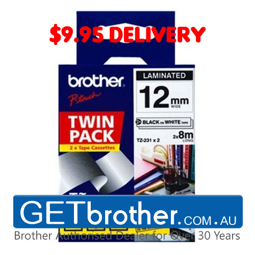 Brother 12mm Black Text On White Tape Genuine Twin Pack - 8 metres each (TZE-231V2TWINPACK)