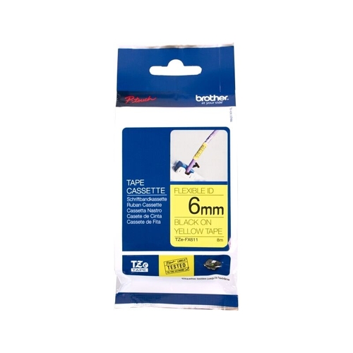 Brother TZe-FX611 P-touch Flexible ID Label Tape, Black on Yellow, 6mm x 8m