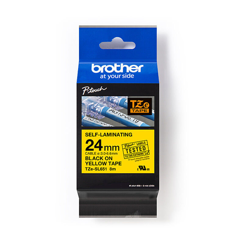 Brother TZe-SL651 P-touch Self-Laminating Label Tape, Black on Yellow, 24mm x 8m