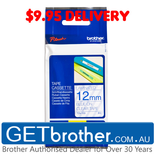 Brother 12mm Blue on Clear Tape Genuine - 8 meters (TZe-133)