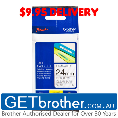 Brother 24mm Black Text On Clear Tape Genuine - 8 metres (TZe-151)