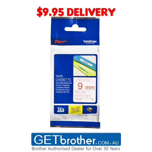 Brother 9mm Red Text On White Tape Genuine - 8 metres (TZe-222)