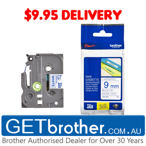 Brother 9mm Blue Text On White Tape Genuine - 8 metres (TZe-223)