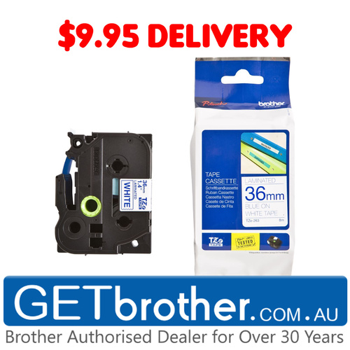 Brother 36mm Black on White Label Genuine Tape - 8 meters (TZe-263)