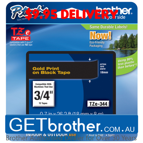 Brother 18mm Gold on Black Tape Genuine - 8 meters (TZe-344)