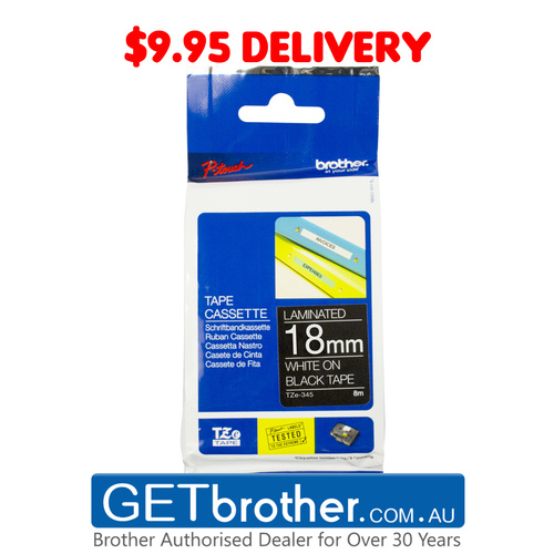 Brother 18mm White Text On Black Tape Genuine - 8 metres (TZe-345)