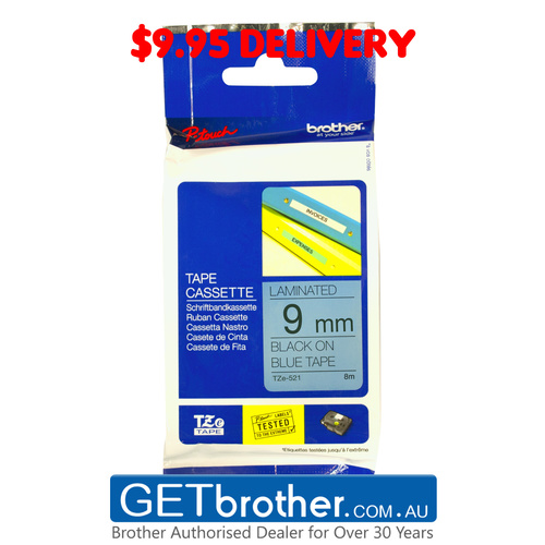 Brother 9mm Black on Blue Labelling Tape Genuine - 8 meters (TZe-521)