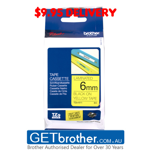 Brother 6mm Black Text On Yellow Tape Genuine - 8 metres (TZe-611)