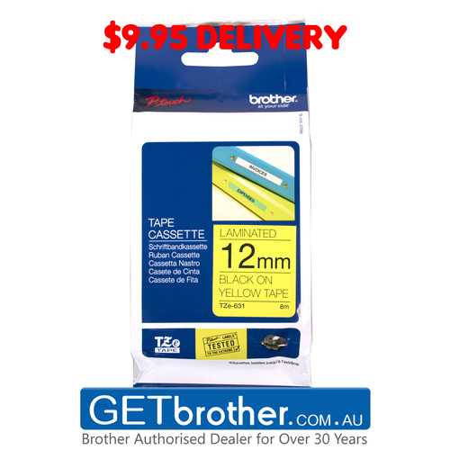Brother 12mm Black Text On Yellow Tape Genuine - 8 metres (TZe-631)
