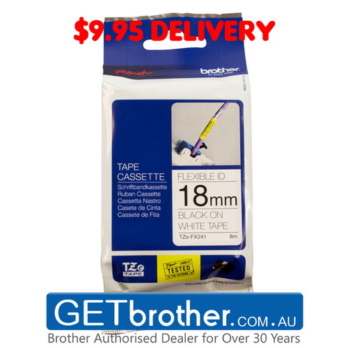 Brother 18mm Black on White Flexible Tape Genuine - 8 meters (TZe-FX241)