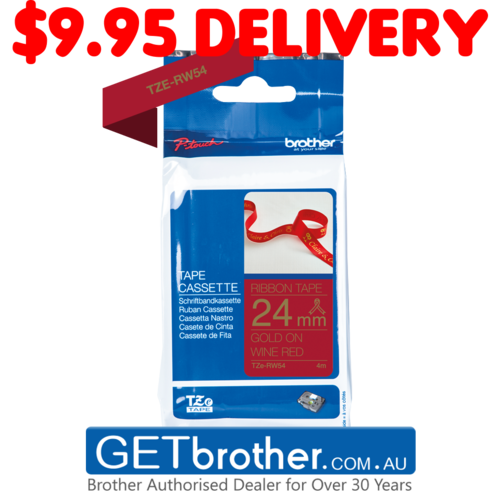 Brother 24mm x 4m Gold on Wine Red Ribbon Tape (TZe-RW54)